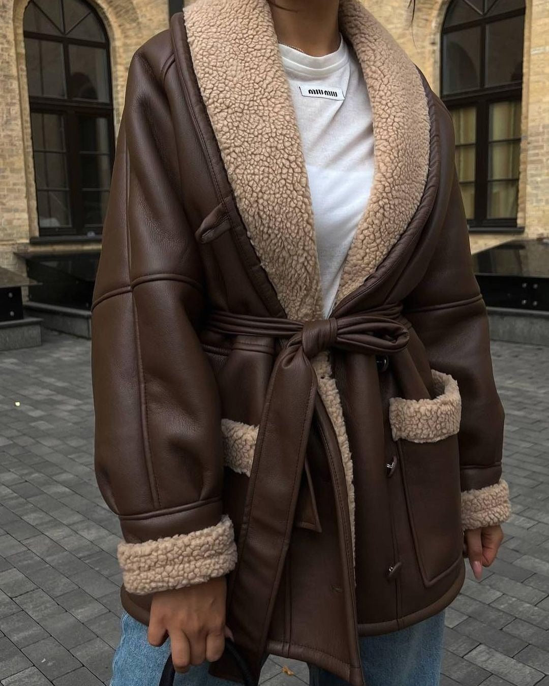 Leder Und Pelz Koreanischer Stil Langarm Spleißen Mantel Frauen