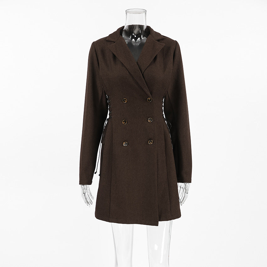 Retro Slim Double-breasted Suit Collar Straight Dress