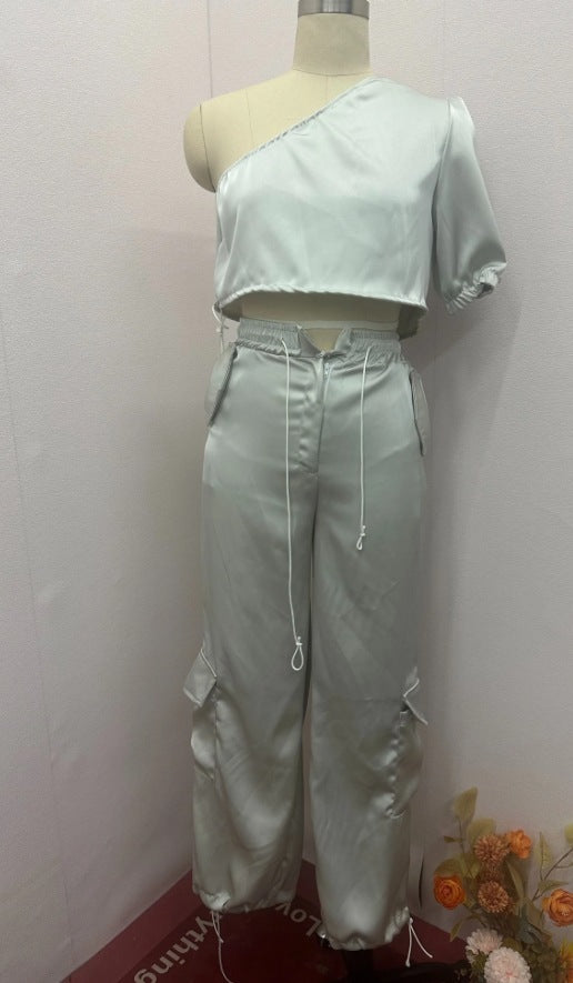 Fashion Diagonal Collar Raglan Sleeve Top And Trousers Two-piece Set