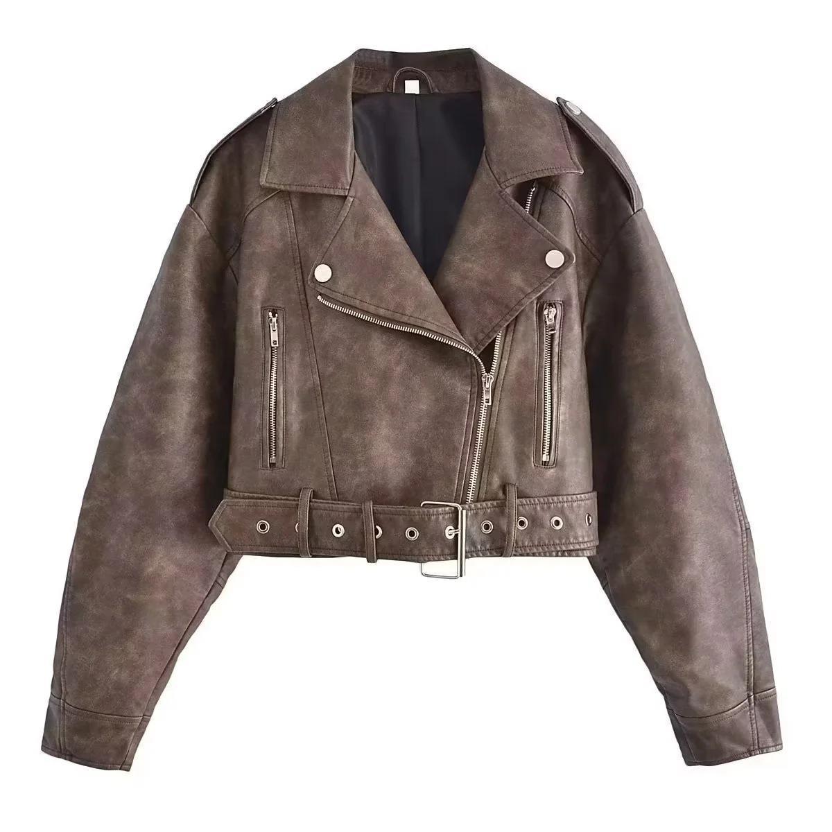 Gewaschene Leder Motorrad jacke Frauen
