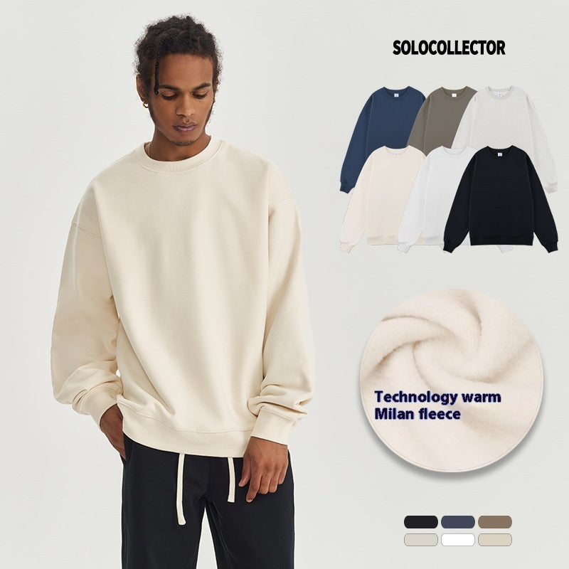 Solid Color Fleece-lined Crew Neck Sweater Men's Loose Heavy Thickening