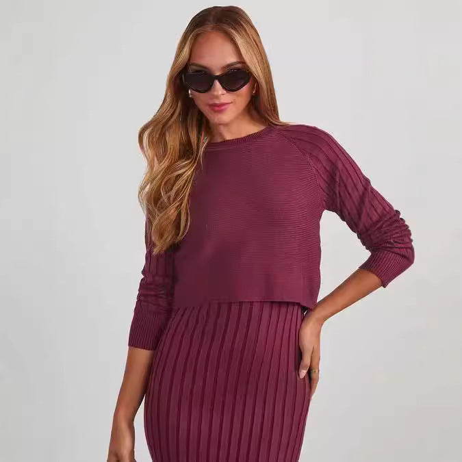 Sunken Stripe Long-sleeved Top Suspender Skirt