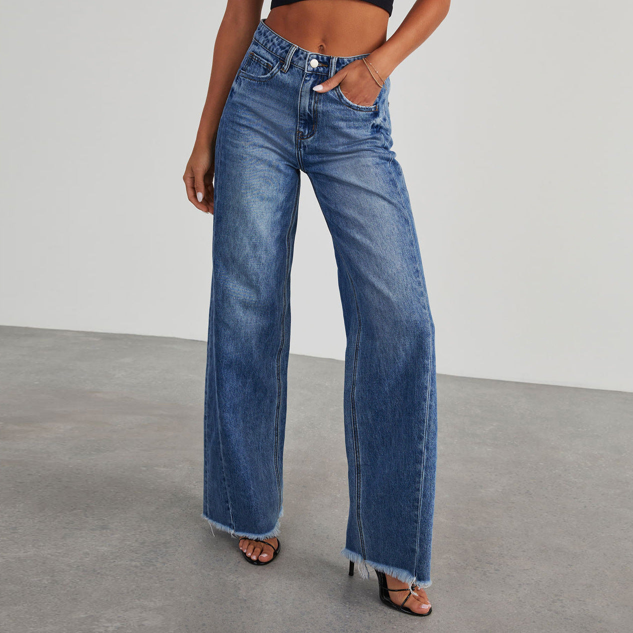 Mode mit hoher Taille Jeans mit Taschen bequem schlank Fit gerade Bein Hosen Damen bekleidung