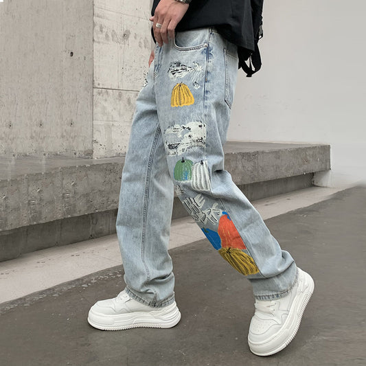 Jeans Mode Print Lose gerade Hose