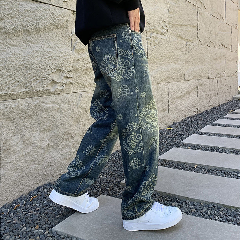 Vintage Jeans Men's Fashion Printed Loose Casual Straight Trousers