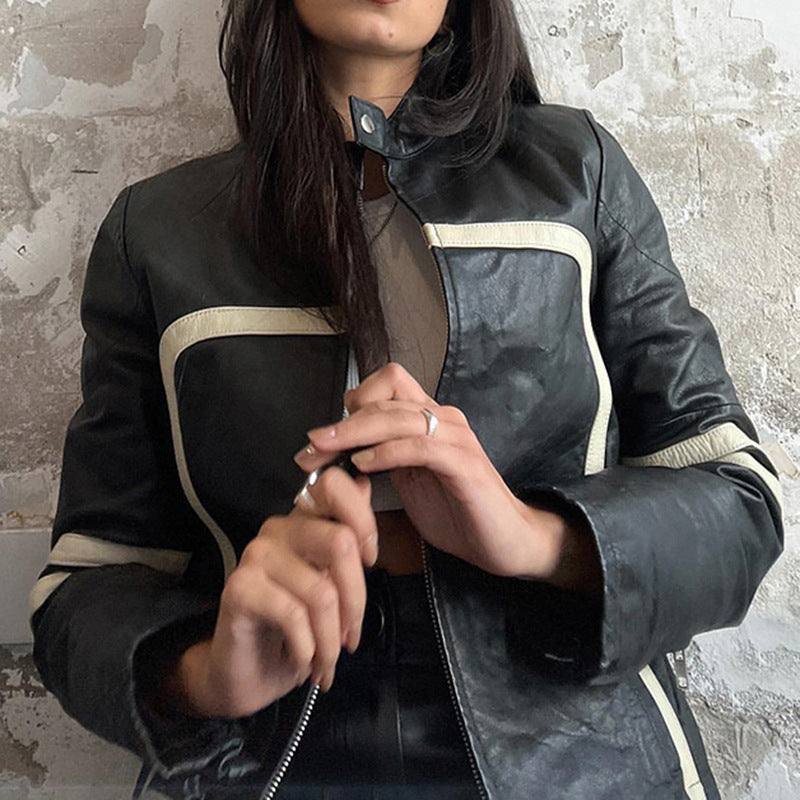 Farbkontrast Patchwork Lose Zip Ledermantel Frauen