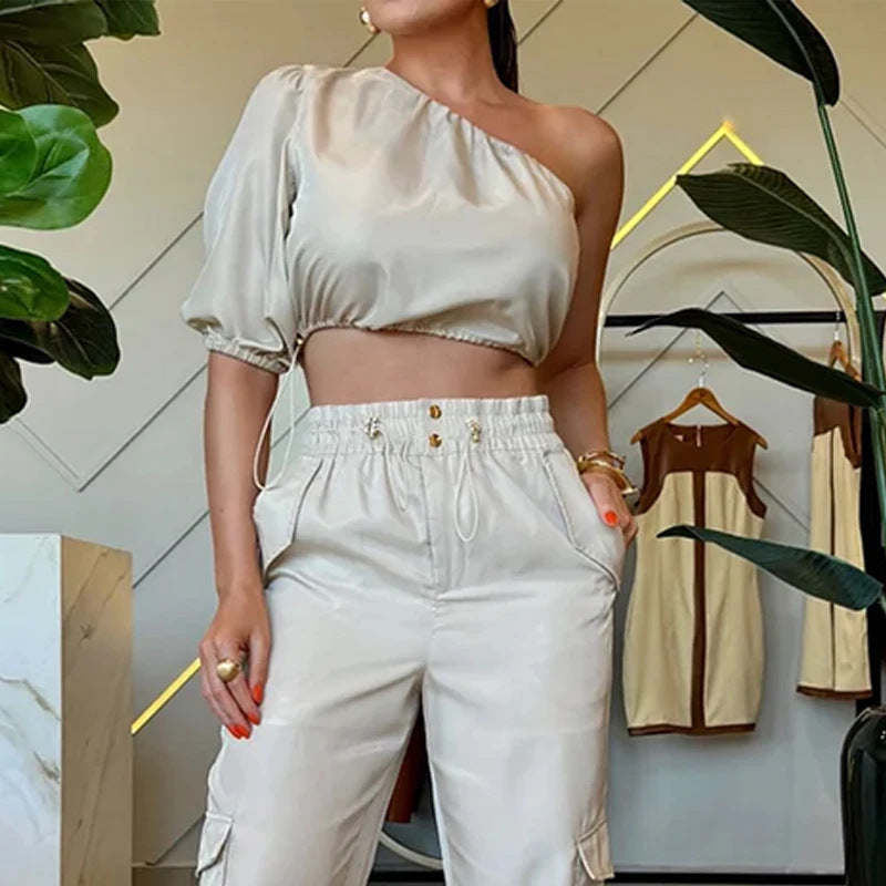Fashion Diagonal Collar Raglan Sleeve Top And Trousers Two-piece Set