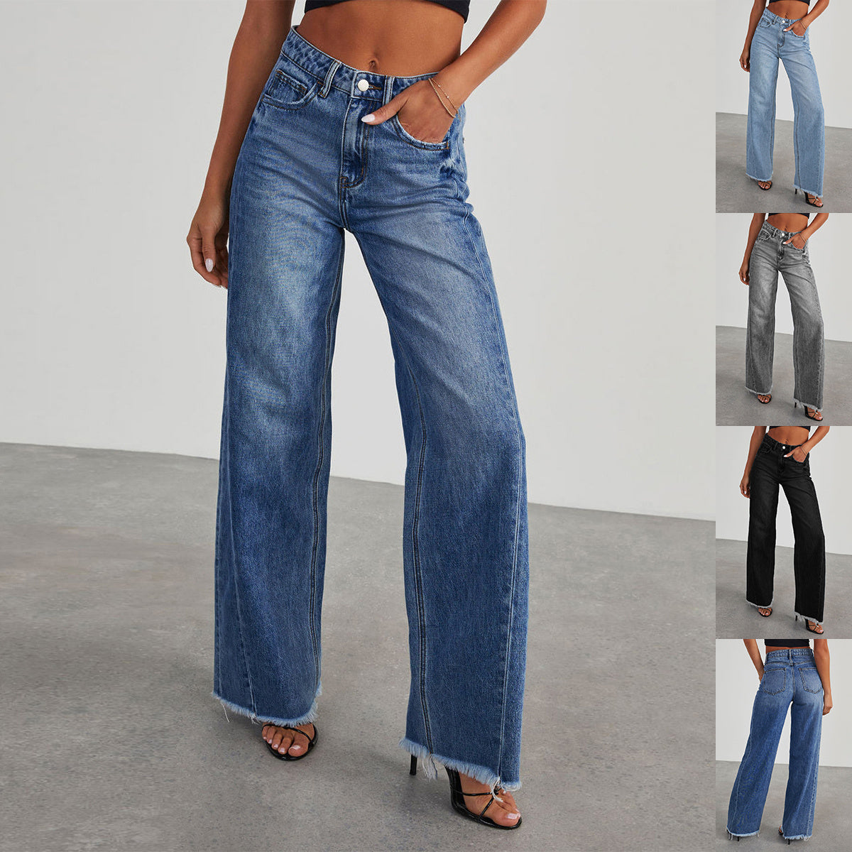 Mode mit hoher Taille Jeans mit Taschen bequem schlank Fit gerade Bein Hosen Damen bekleidung