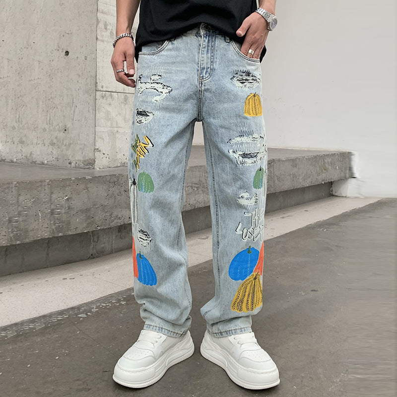 Jeans Mode Print Lose gerade Hose