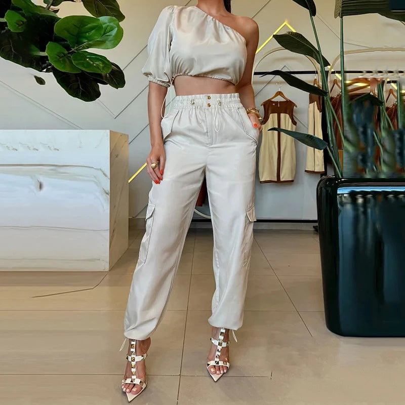 Fashion Diagonal Collar Raglan Sleeve Top And Trousers Two-piece Set