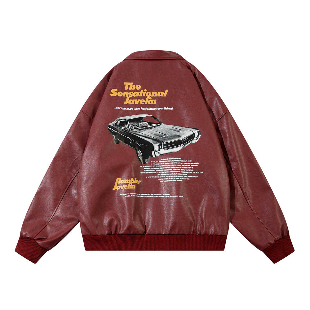 Retro Car Printing Loose Lapels Leather Coat