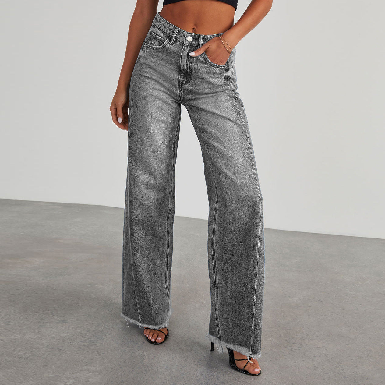 Mode mit hoher Taille Jeans mit Taschen bequem schlank Fit gerade Bein Hosen Damen bekleidung