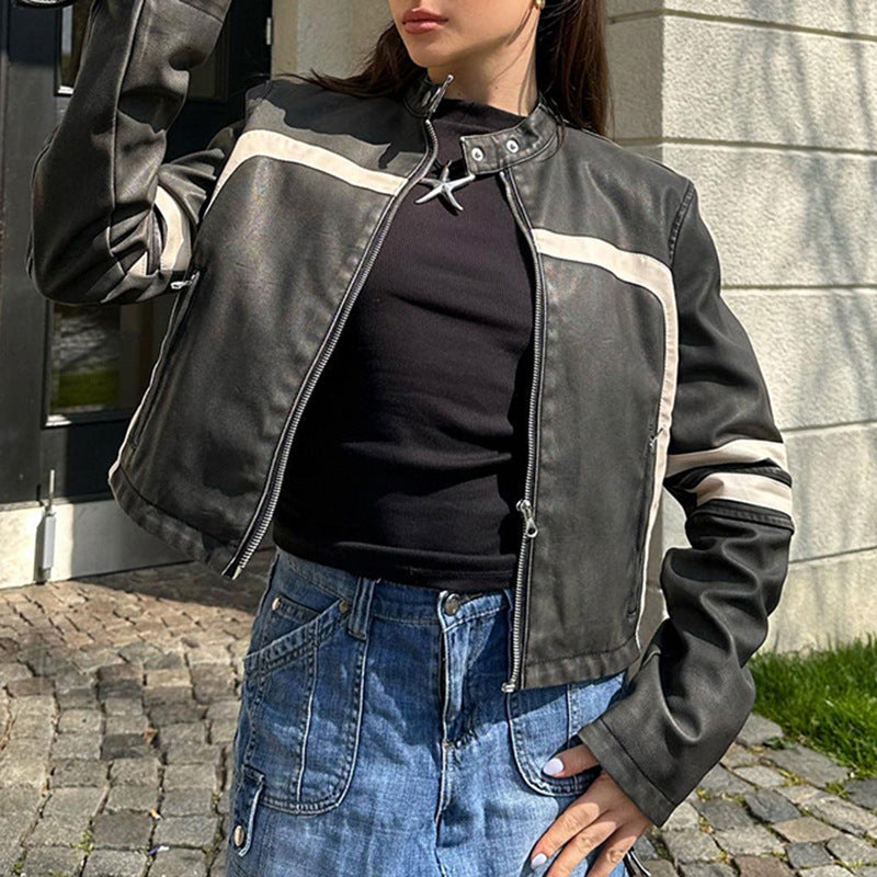Farbkontrast Patchwork Lose Zip Ledermantel Frauen