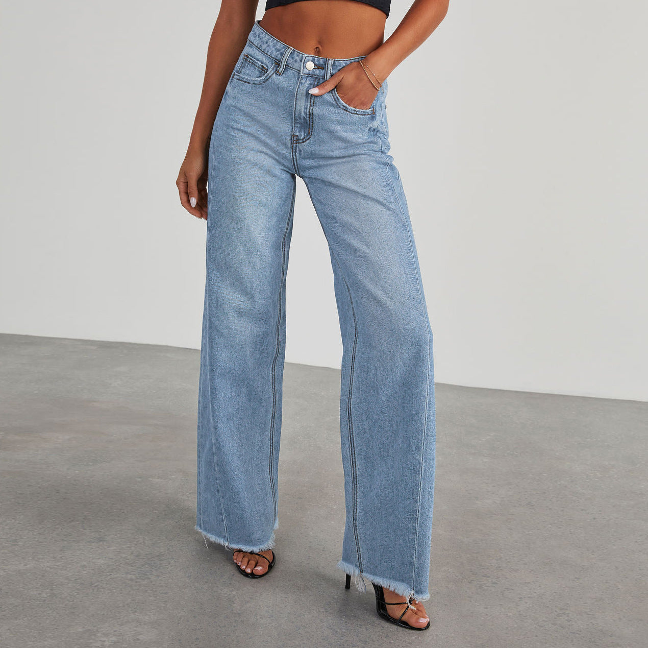 Mode mit hoher Taille Jeans mit Taschen bequem schlank Fit gerade Bein Hosen Damen bekleidung