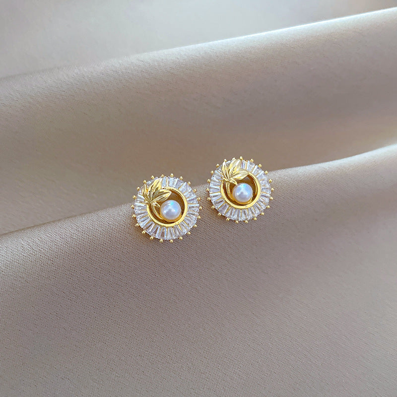 Square Full Diamond Personalized Round Ring Leaves Necklace And Earrings Suite