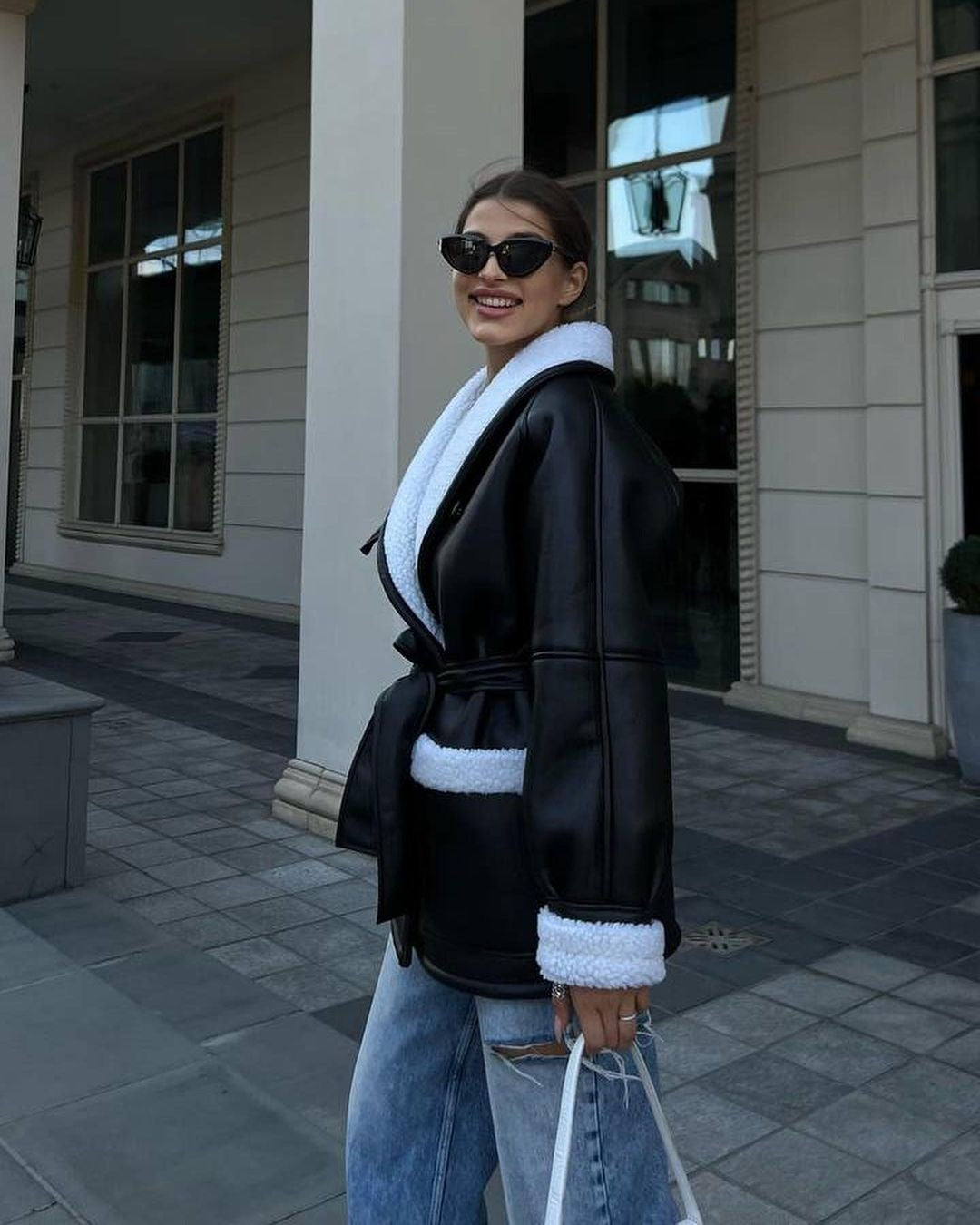 Leder Und Pelz Koreanischer Stil Langarm Spleißen Mantel Frauen