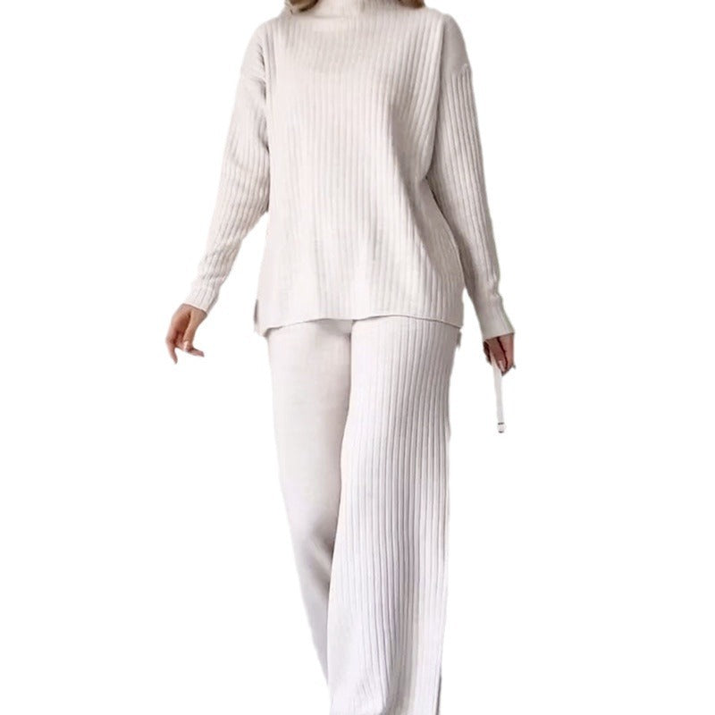 Solid Color Turtleneck Top And Trousers Suit Women