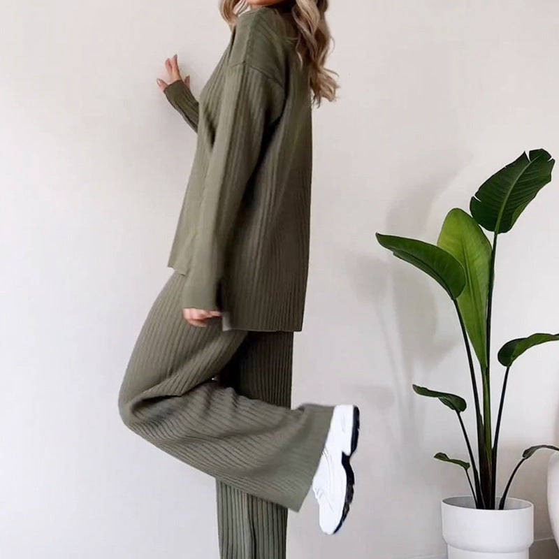 Solid Color Turtleneck Top And Trousers Suit Women