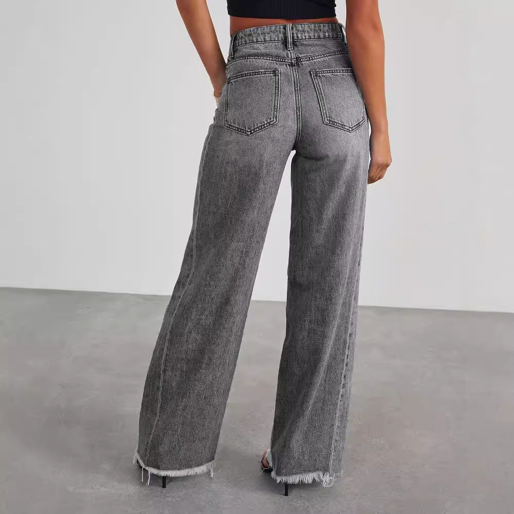 Mode mit hoher Taille Jeans mit Taschen bequem schlank Fit gerade Bein Hosen Damen bekleidung